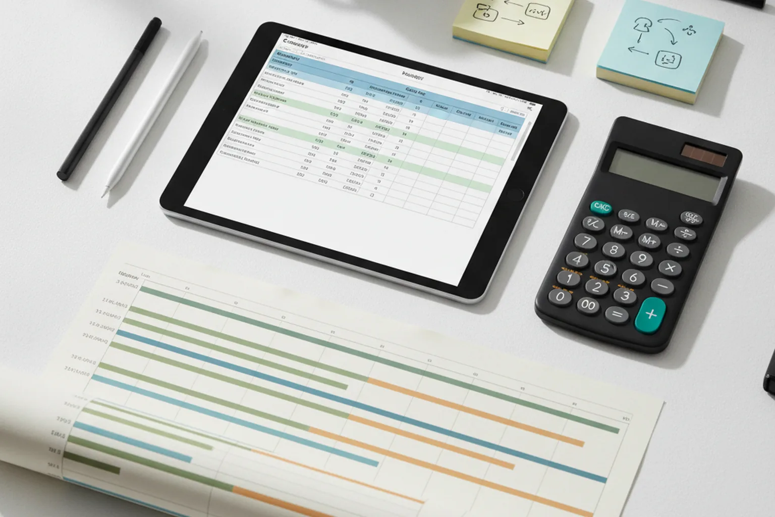 Planning a software outsourcing project budget with a spreadsheet, calculator and Gantt chart