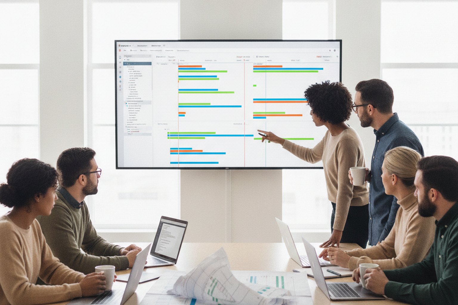 A software delivery team reviewing a project timeline and Gantt chart with task bars and milestones on a large wall screen in a bright office
