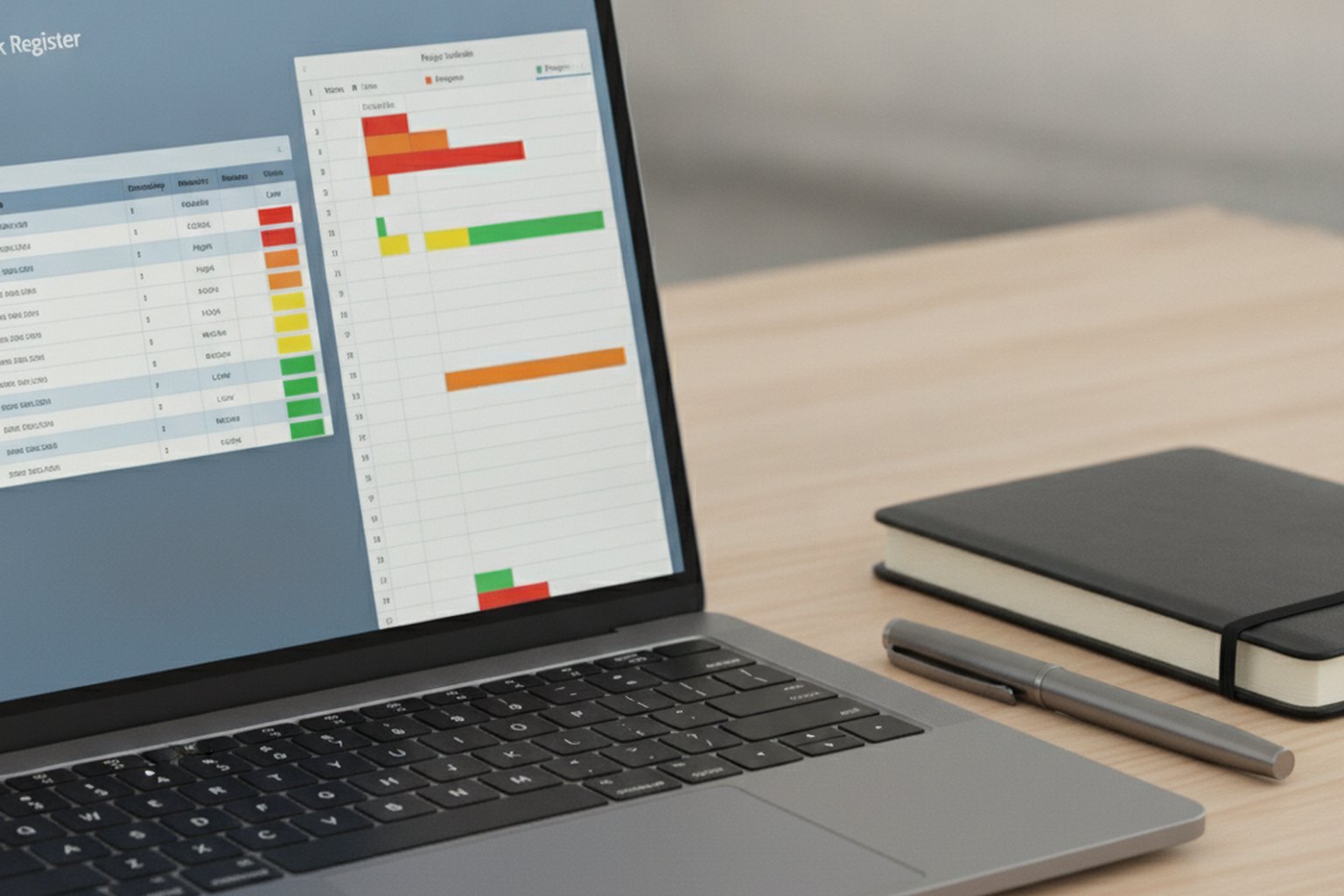 A laptop on a desk showing a project risk register and schedule spreadsheet with color-coded status cells beside a notebook and pen