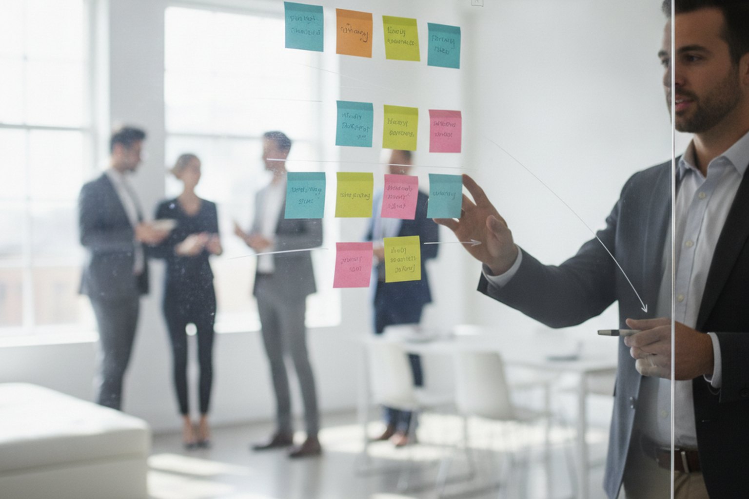 A consultant mapping a project roadmap and engagement timeline with sticky notes on a glass board while a client team collaborates