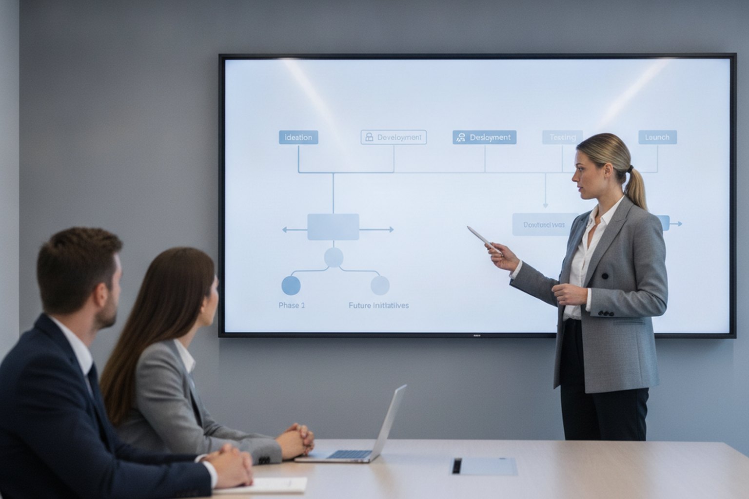 Un delivery lead presenta una roadmap di progetto a fasi su uno schermo a parete a due colleghi in una sala riunioni