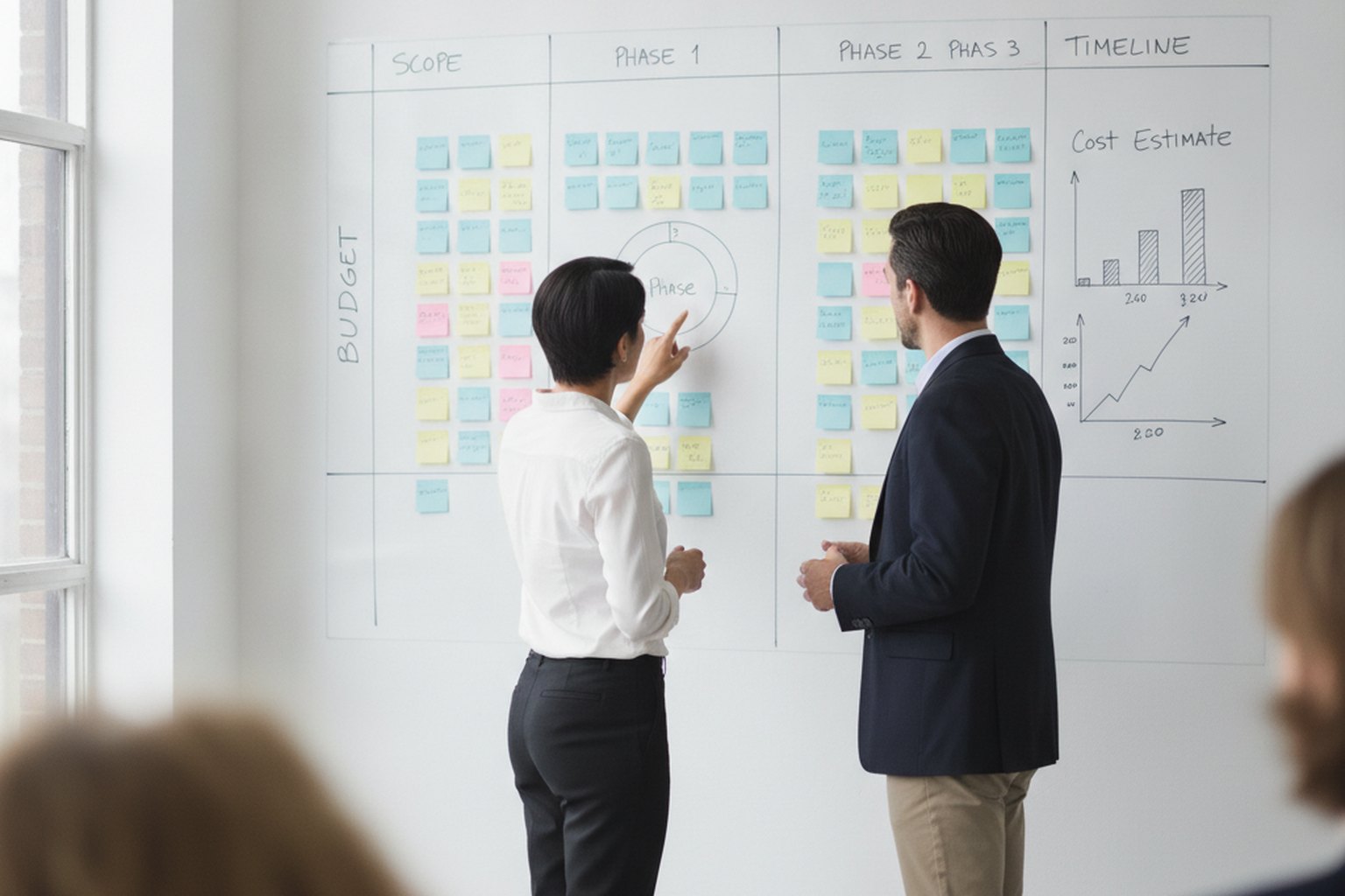 Two product team members at a whiteboard mapping scope, project phases, a timeline and a cost estimate for an early software project