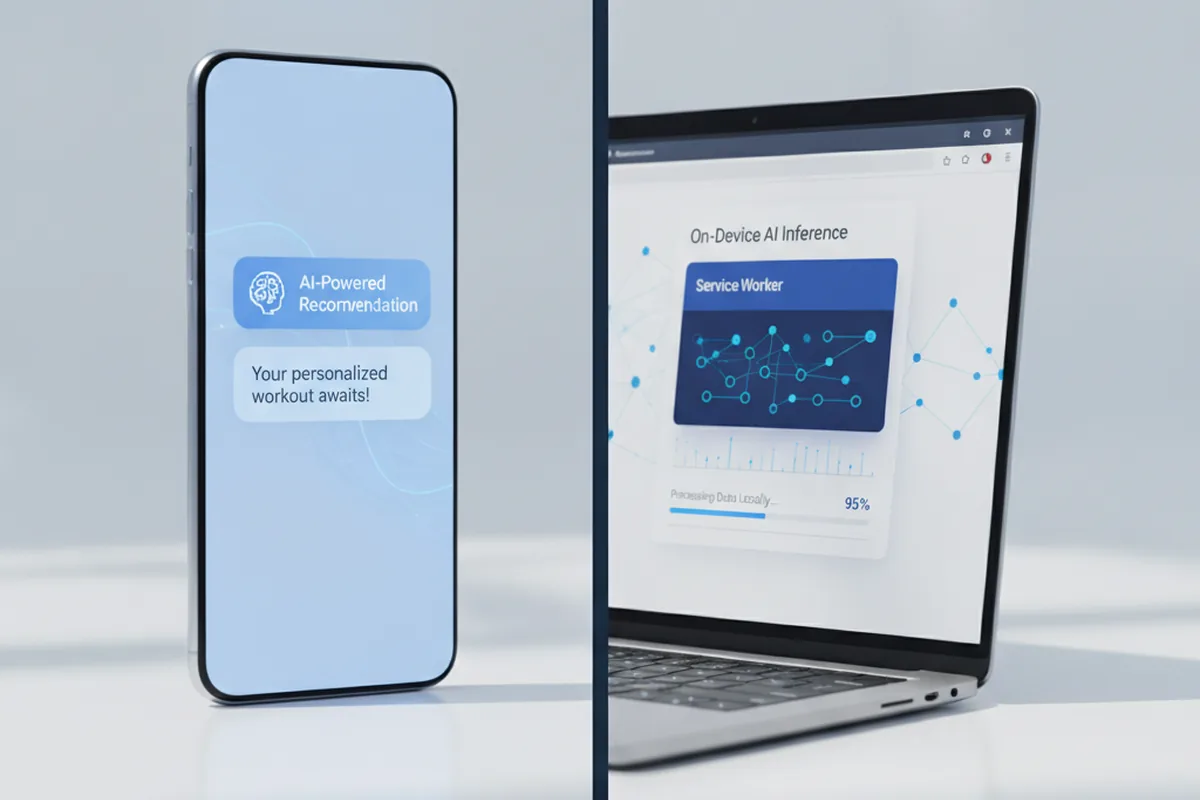 Ilustración dividida que muestra una notificación push personalizada con IA en un teléfono y la inferencia de IA en el dispositivo ejecutándose dentro del service worker de una PWA en un portátil