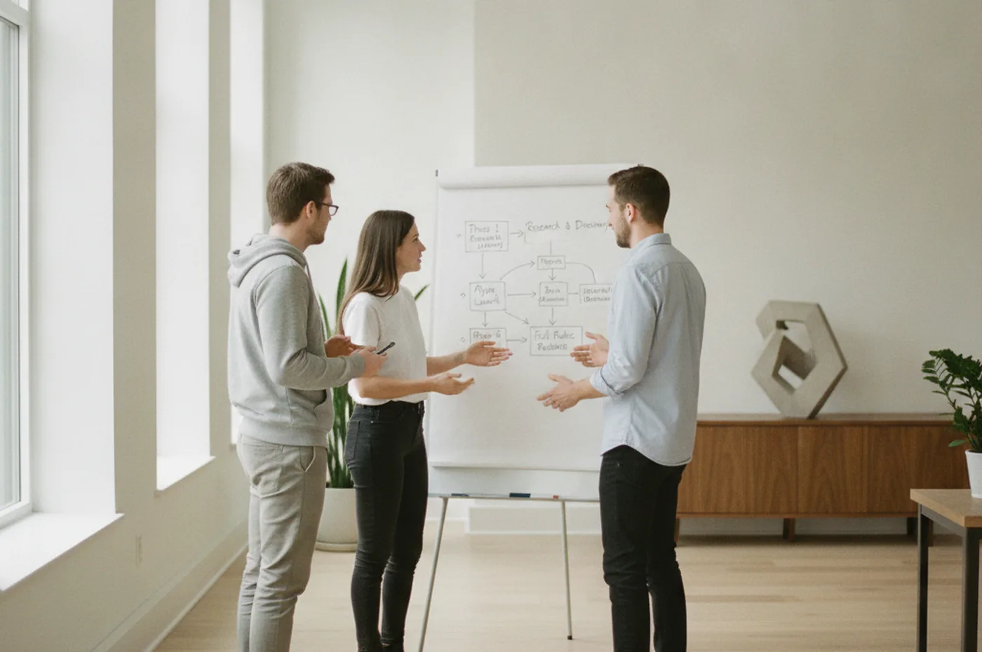 Product team mapping a phased PWA-to-native rollout strategy on a whiteboard