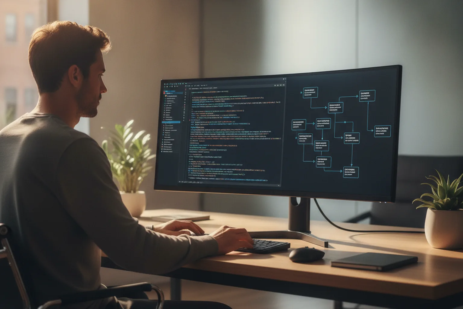 Python developer building backend APIs at a modern workstation