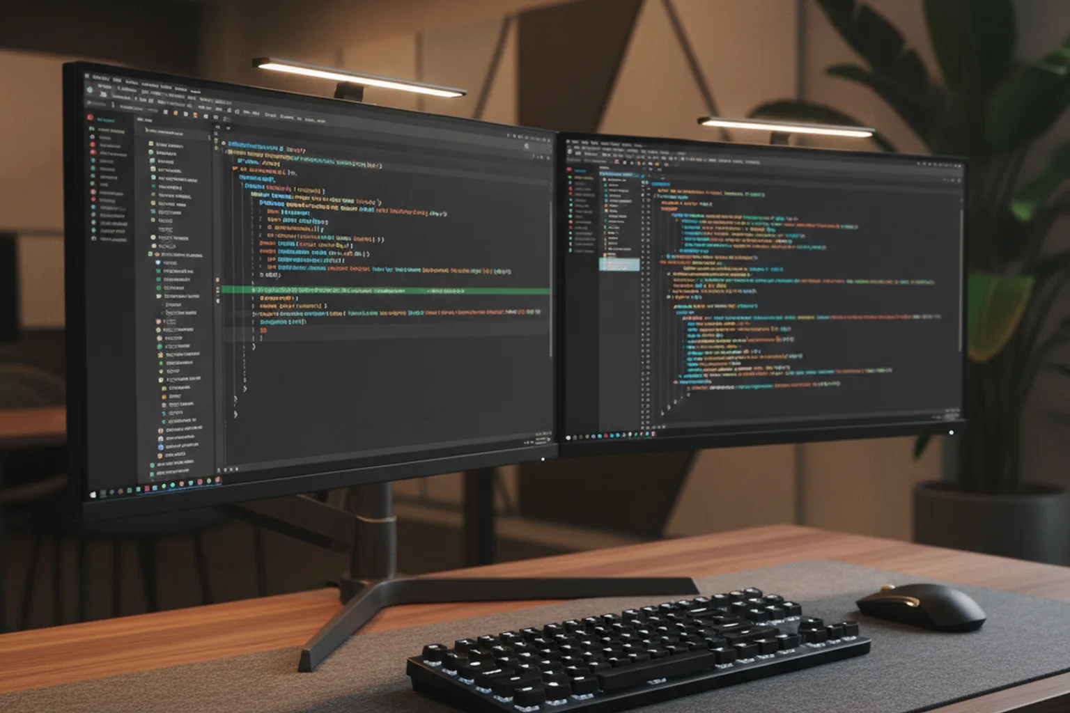 Dual-monitor Python development workstation showing a code editor with syntax-highlighted backend code