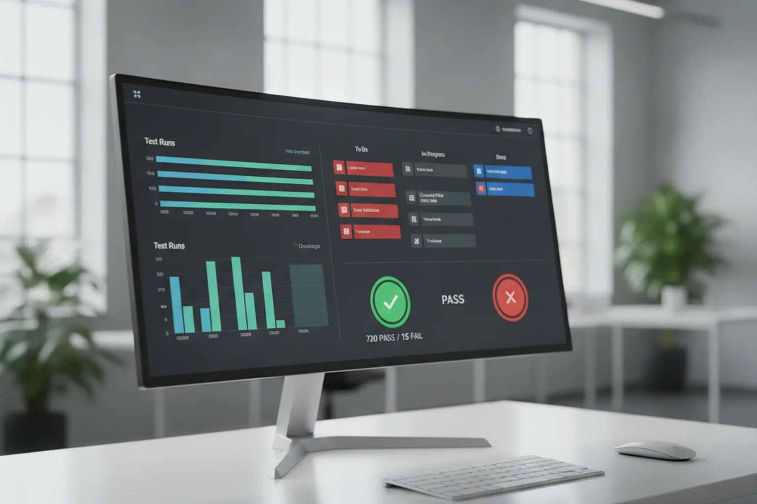 A curved monitor on an engineering desk showing a test automation dashboard with test-run charts, a kanban bug board and a pass/fail status readout