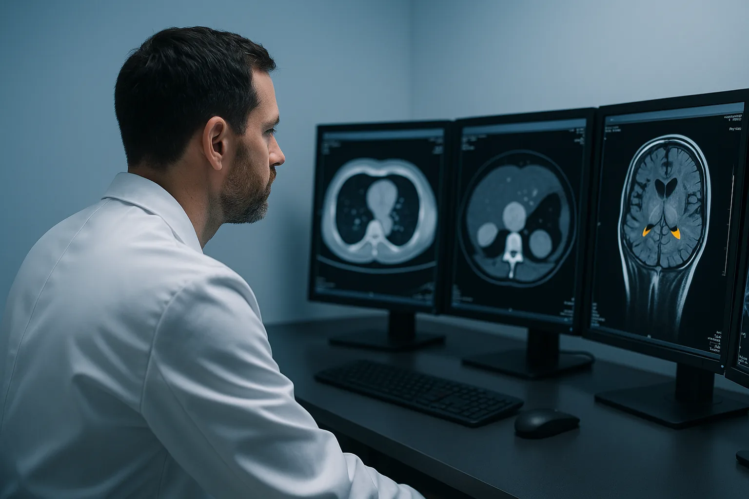 Radiologue analysant des scanners CT et IRM sur une station de travail d'imagerie médicale