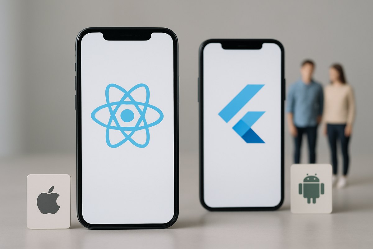 Mobile framework comparison between React Native and Flutter showing iOS and Android code