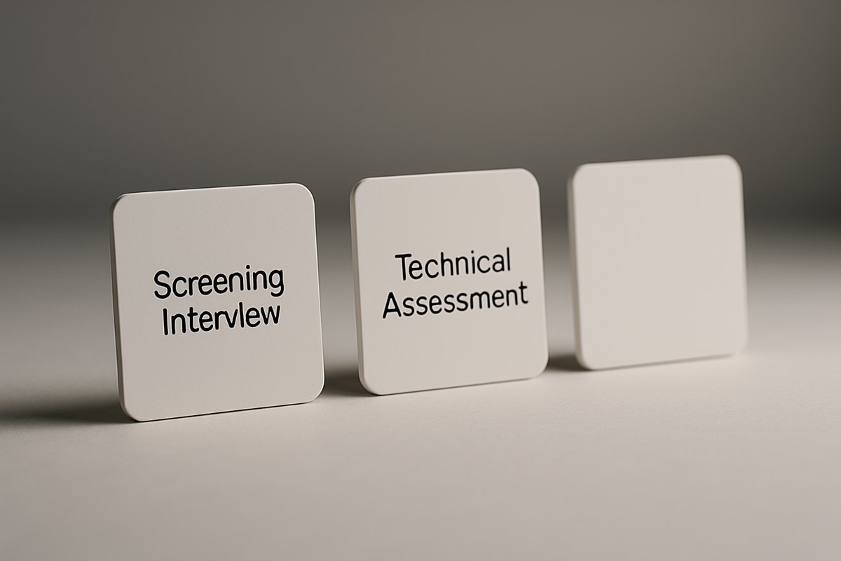 Developer hiring selection process showing five stages from screening through interview to technical assessment