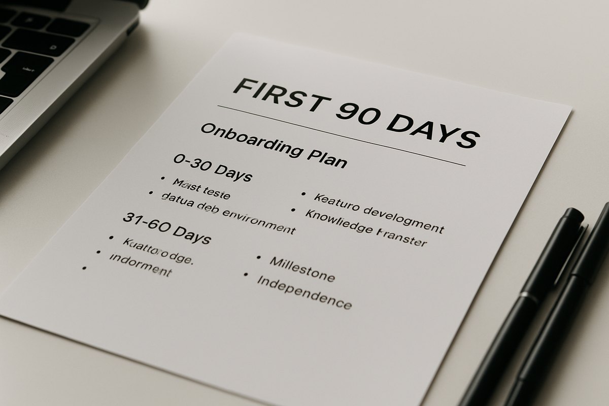 Developer team onboarding plan showing 30 60 and 90 day milestones and knowledge transfer