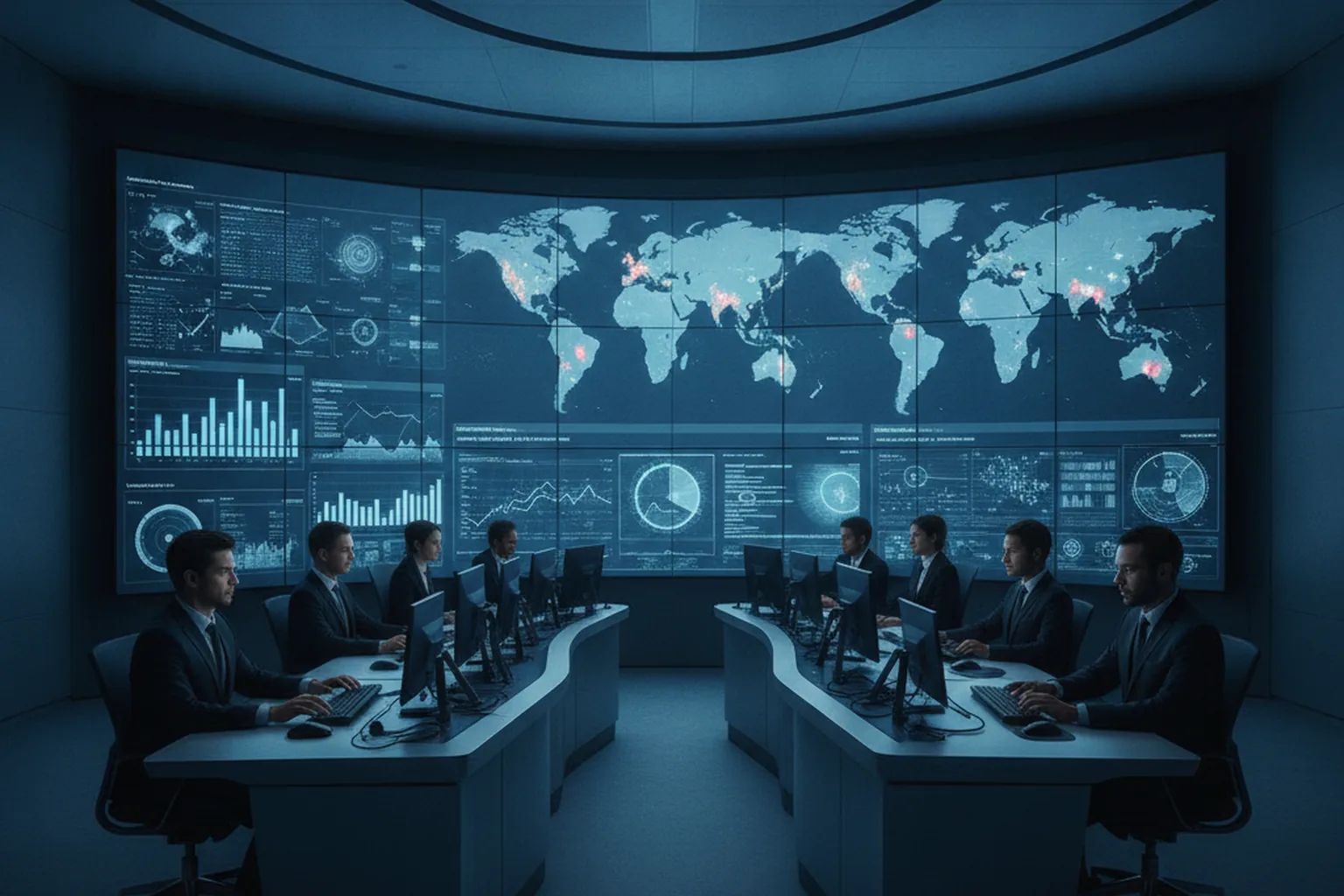Ad operations team monitoring real-time bidding traffic on a wall of screens