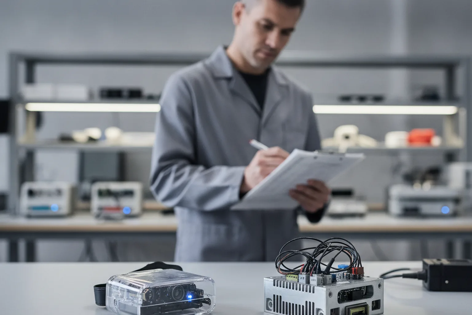 Ingenieur prüft ein reguliertes Hardware-Software-Produkt anhand einer Compliance-Checkliste
