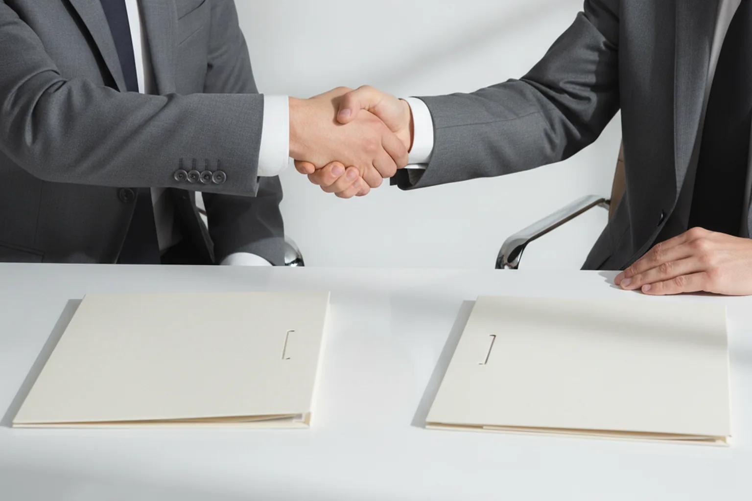 Two stakeholders shaking hands over a phase gate sign-off on a regulated payments project