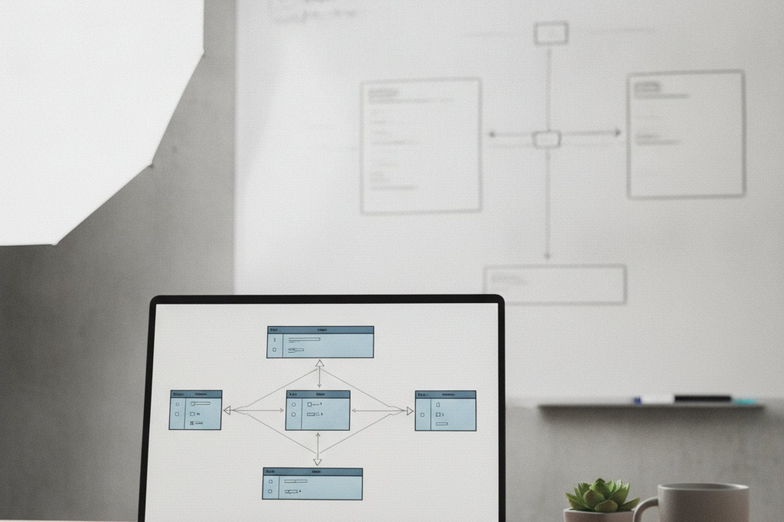 Laptop showing a relational database schema diagram with a server architecture sketch on a whiteboard behind it