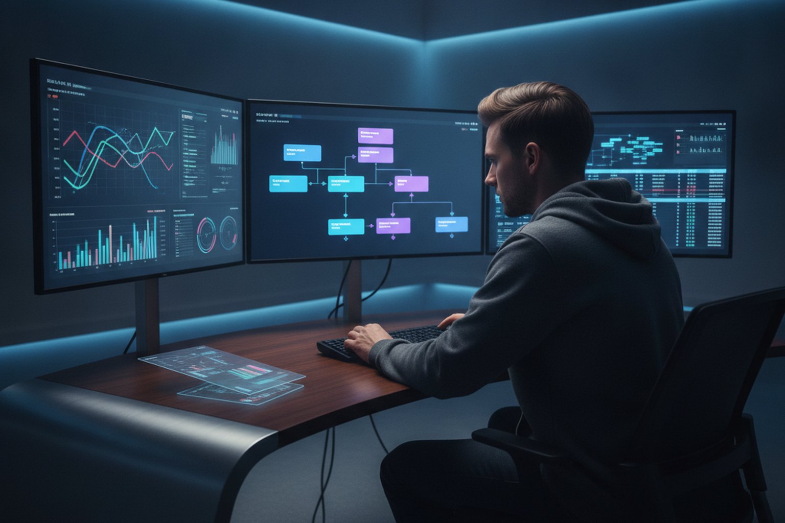 Ein DevOps-Engineer überwacht ein automatisiertes Release auf mehreren Bildschirmen, die aufeinanderfolgende Pipeline-Phasen und Deployment-Health-Metriken zeigen