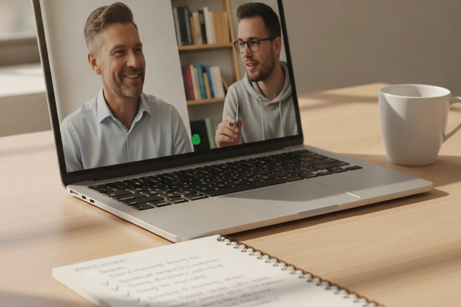 Personalverantwortliche führt per Videoanruf am Laptop ein Interview mit einem Entwickler, auf dem Schreibtisch liegt ein Notizbuch mit Checkliste