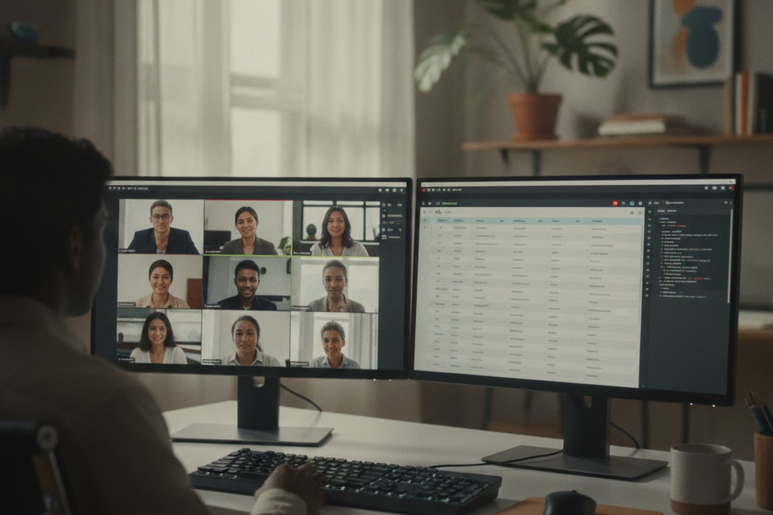 Un ingegnere del software a una scrivania con doppio monitor durante una videochiamata, con una griglia di colleghi da remoto su uno schermo e una board di progetto e del codice sull'altro