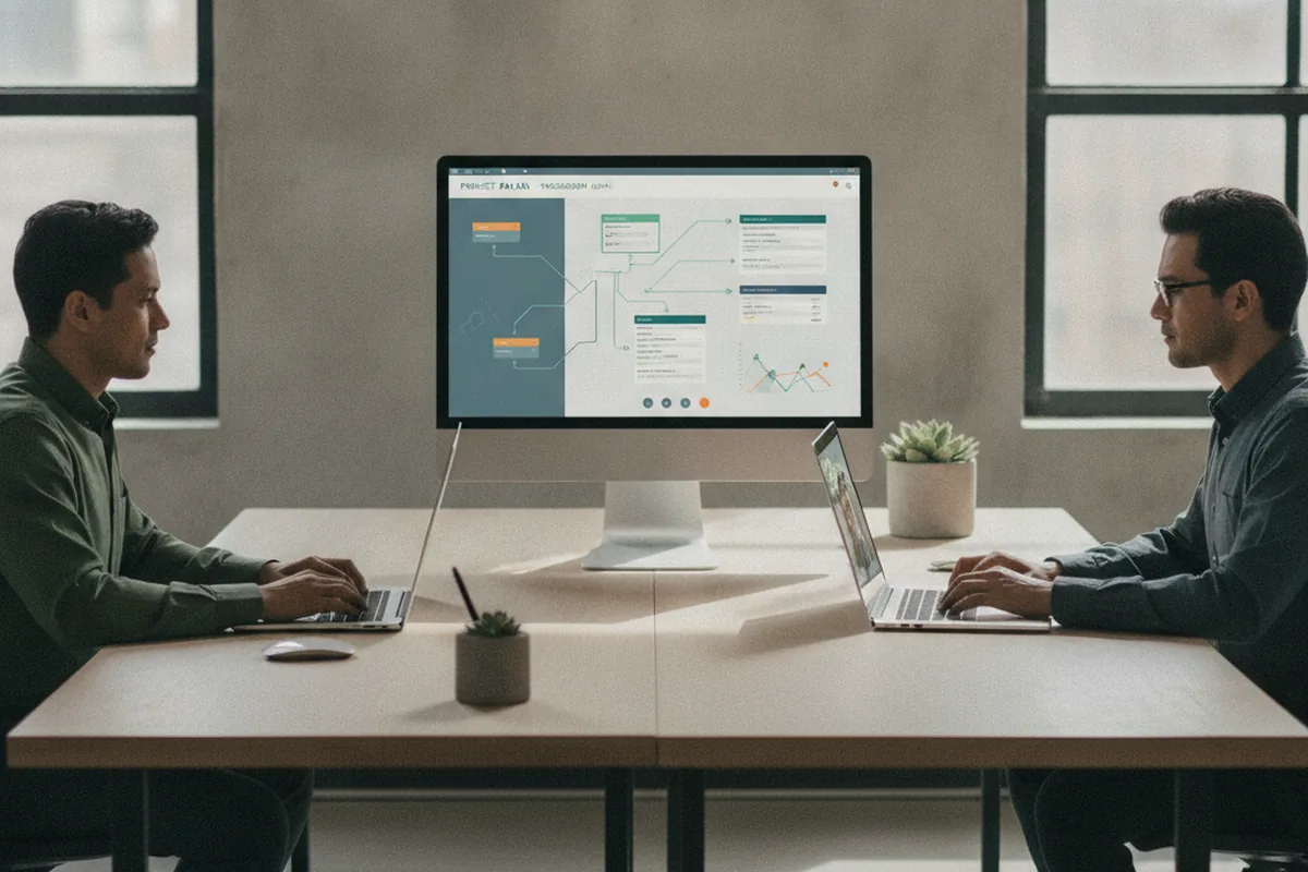 Two engineers on a video call reviewing a machine learning project roadmap on a shared screen
