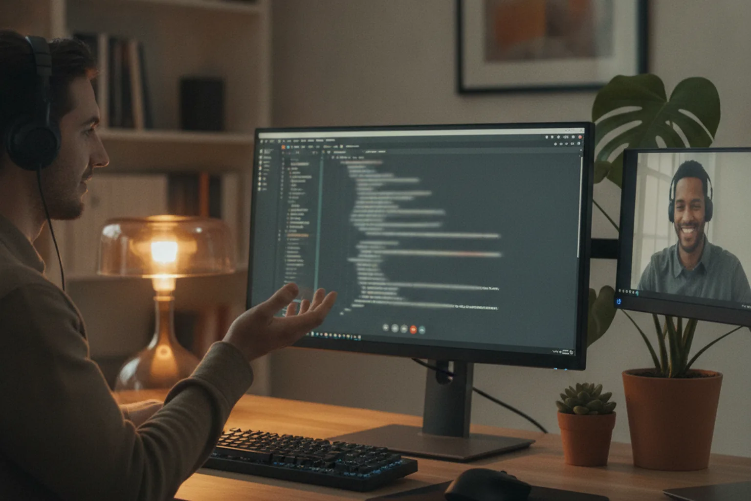 Offshore-Entwickler im Pair Programming mit einem Onshore-Kollegen während des Überlappungsfensters