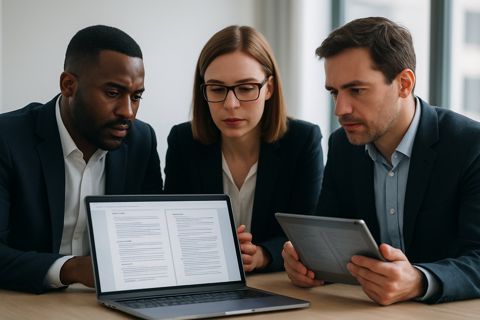 Trois parties prenantes relisant un document d'exigences produit de plusieurs pages sur un ordinateur portable et une tablette