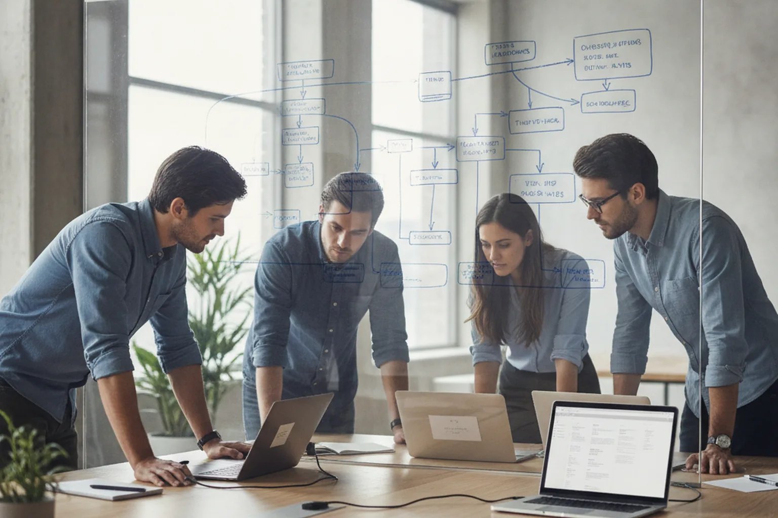 A software research and development team reviewing architecture diagrams and flowcharts on a glass whiteboard with laptops open in a bright office