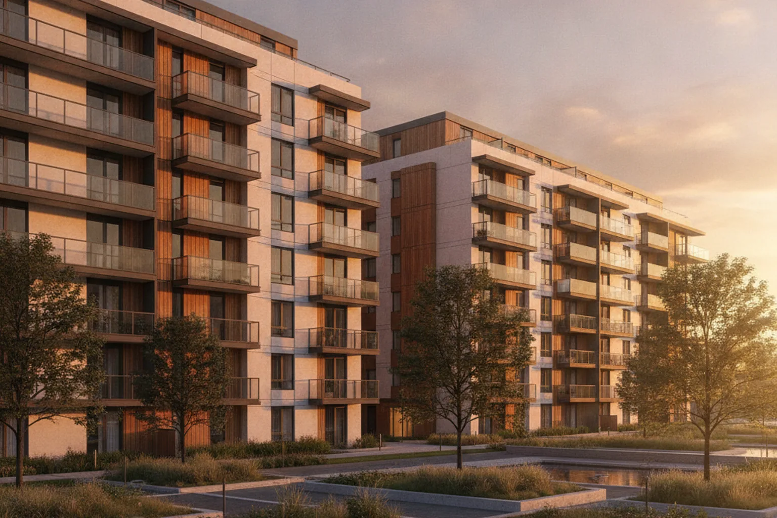 Moderner Wohnkomplex, der mit Property-Management-Software verwaltet wird