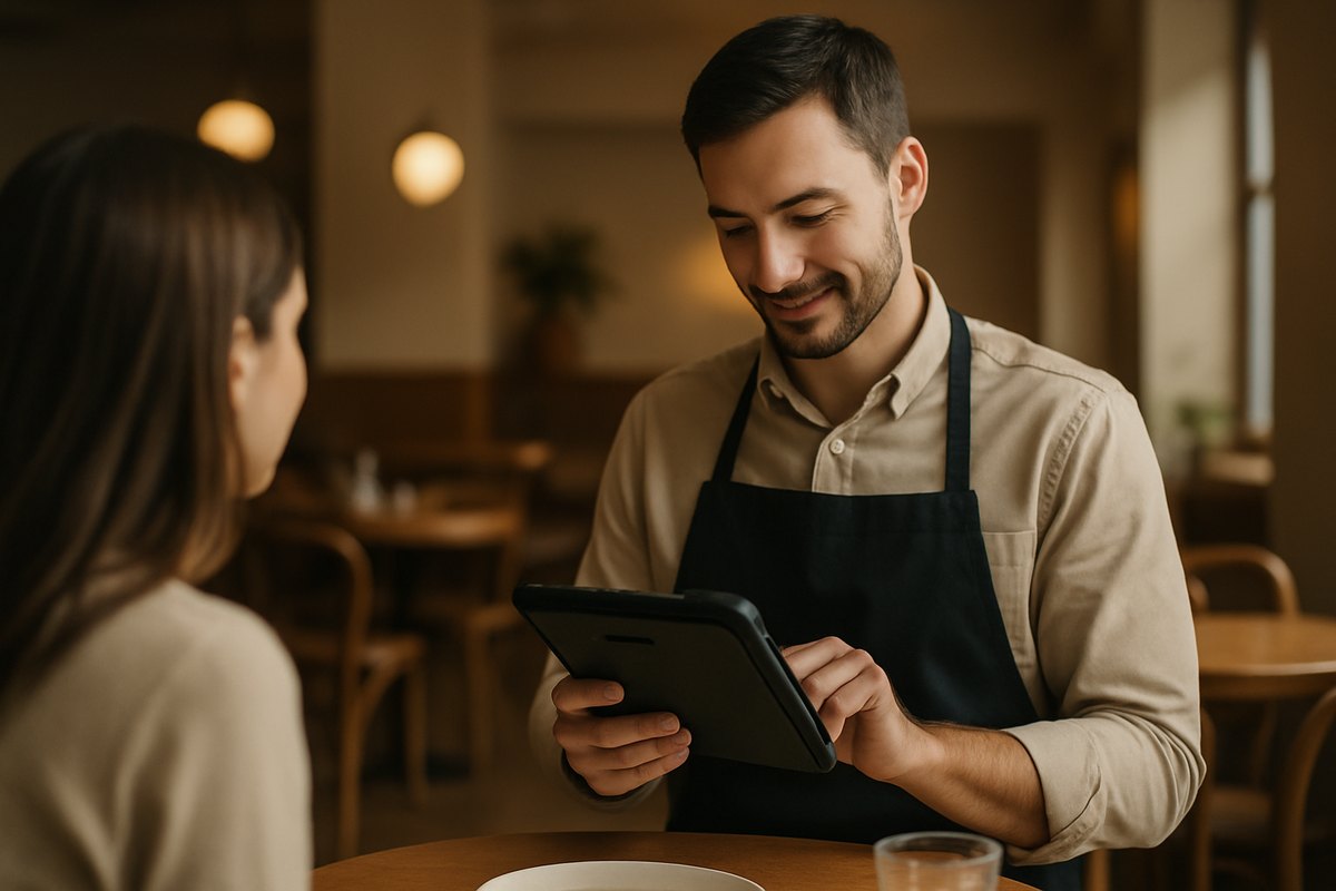 Handheld tablet POS used for table-side ordering in a restaurant