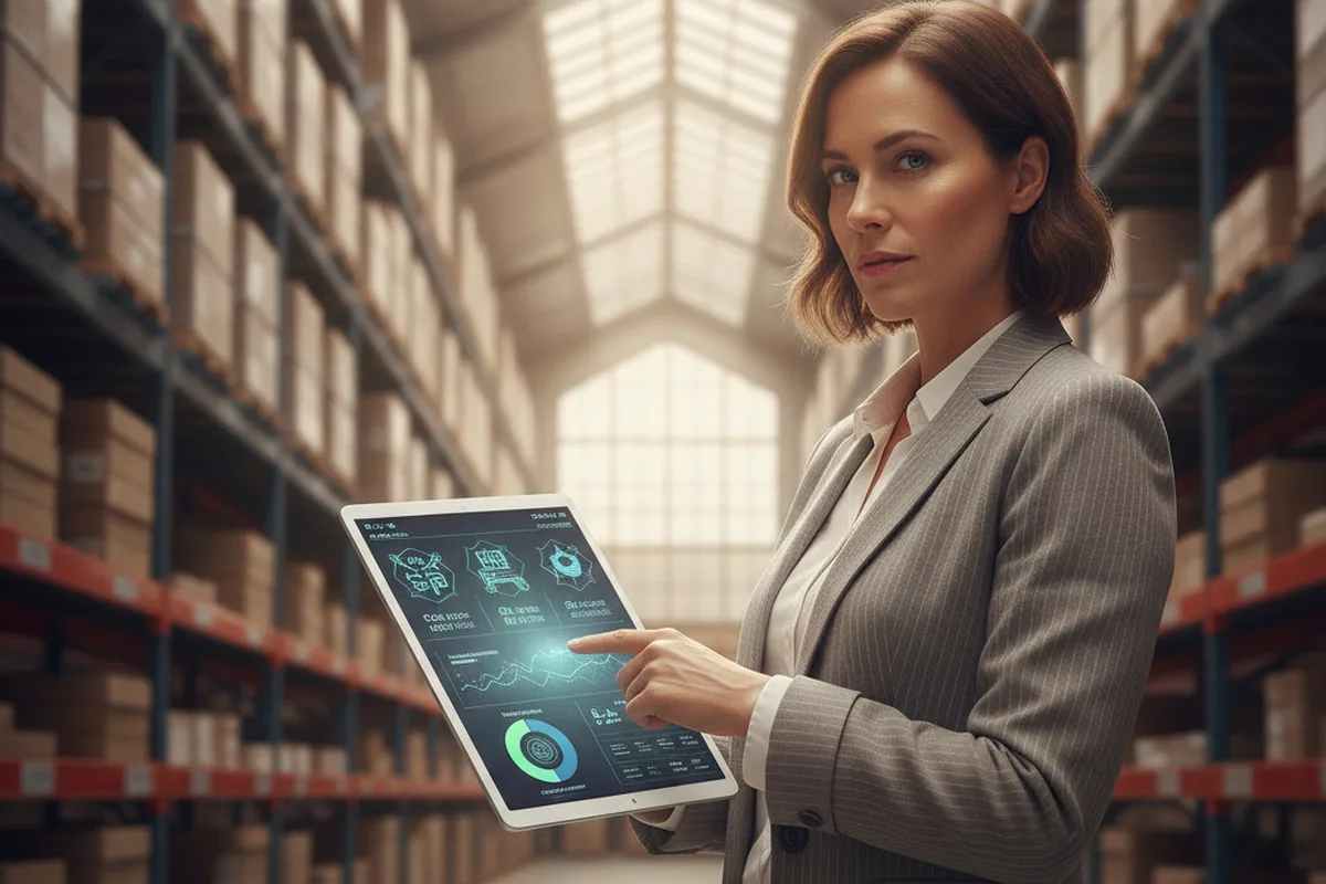 Retail operations manager reviewing an AI-driven demand forecasting dashboard in a warehouse