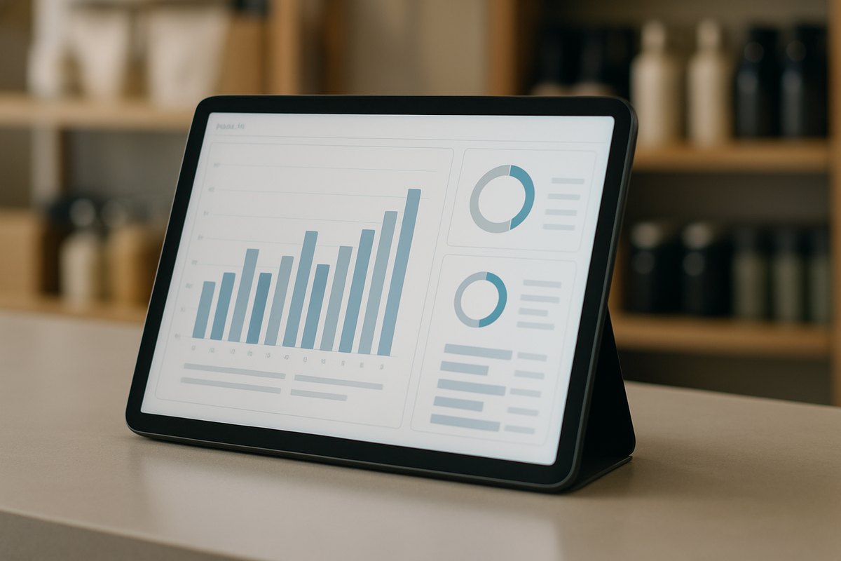 POS inventory and sales dashboard on a tablet at a store counter