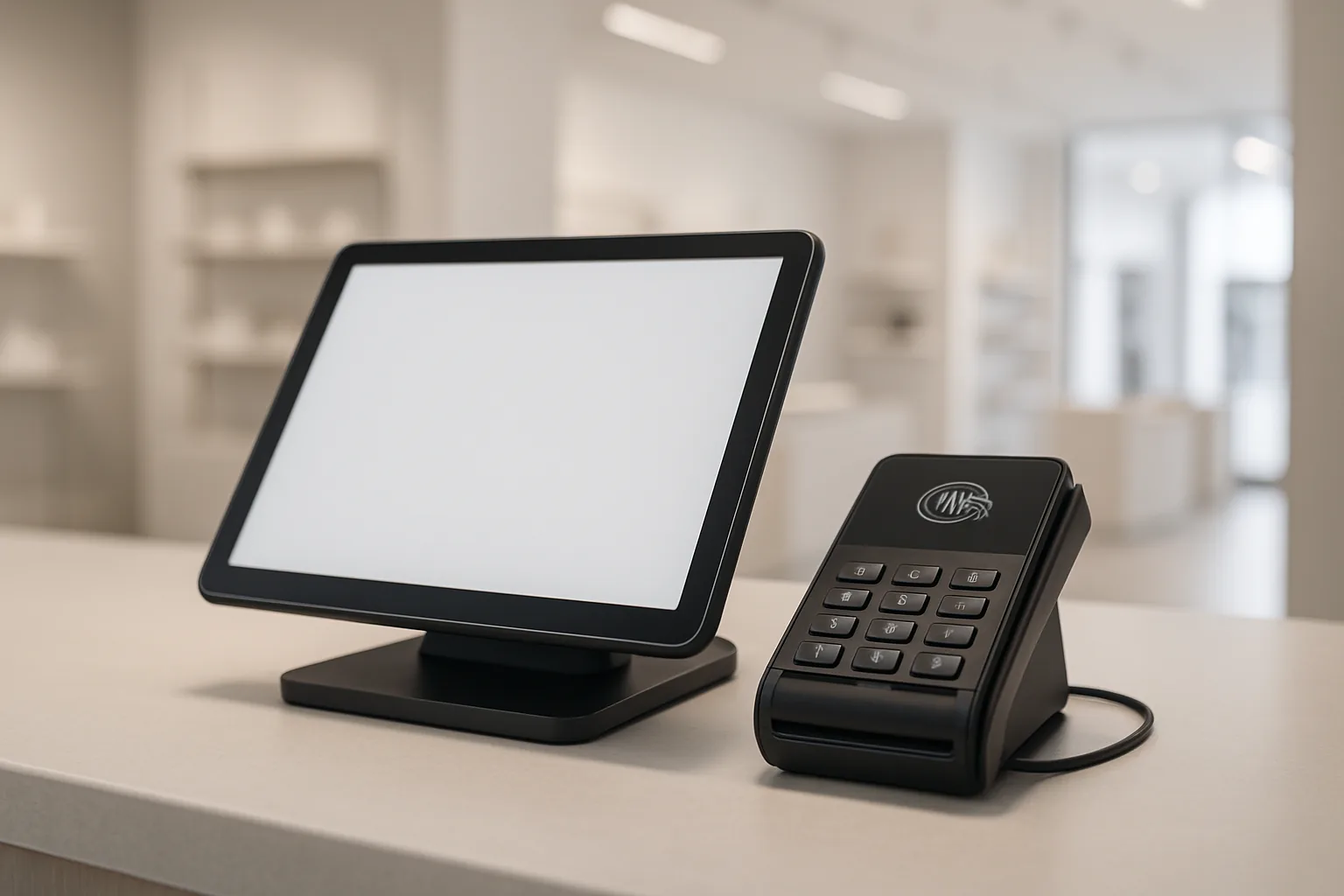 Terminale POS su un bancone di negozio &mdash; tablet e lettore di carte