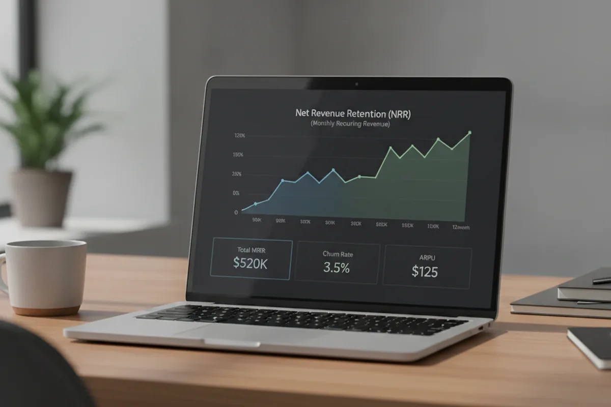 SaaS analytics dashboard showing net revenue retention and MRR after a pricing change