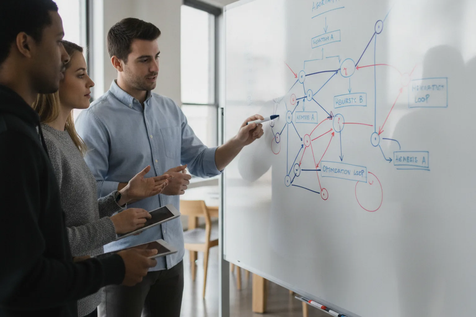 Engineering team planning a vehicle routing algorithm architecture on a whiteboard