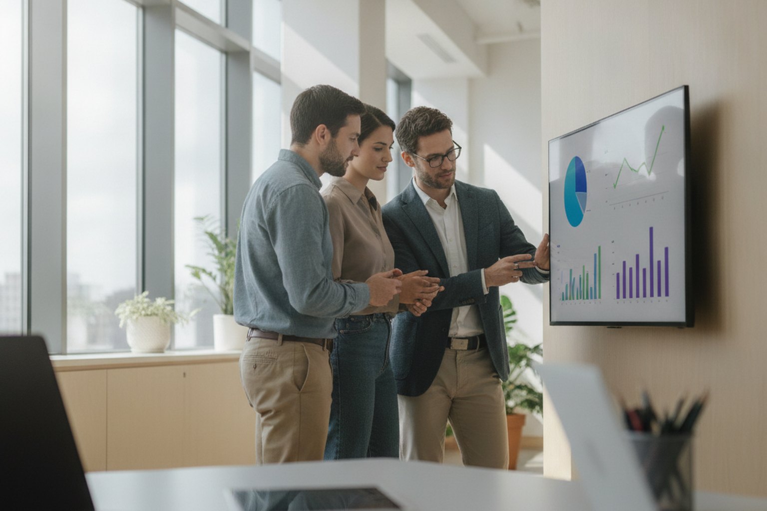Une &eacute;quipe produit SaaS de trois coll&egrave;gues dans un bureau lumineux examinant un tableau de bord analytique avec des graphiques sur un &eacute;cran mural