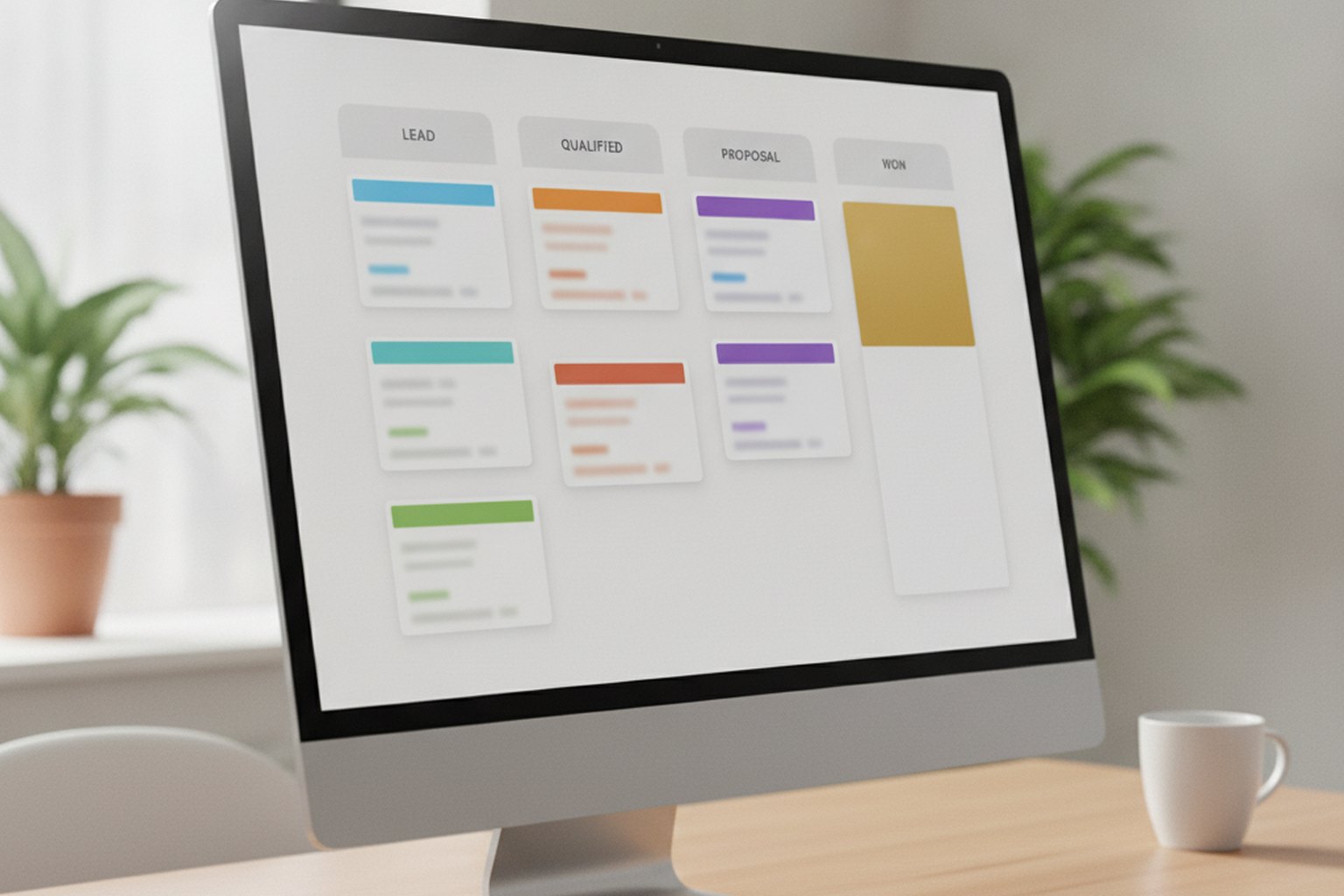 Eine CRM-Vertriebspipeline als Kanban-Board mit Deal-Phasen vom Lead bis zum Abschluss auf einem Monitor