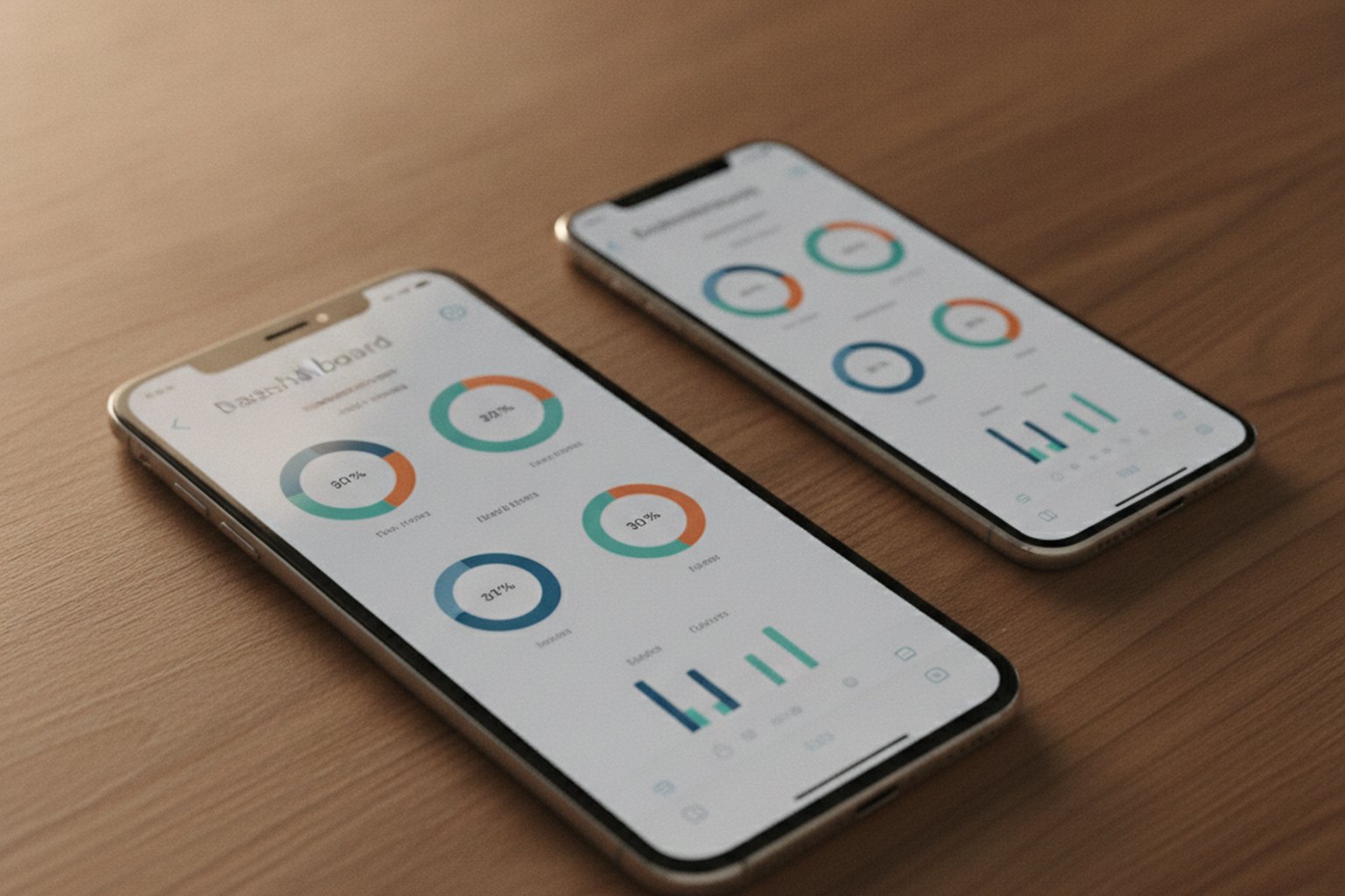Two smartphones on a desk showing the same dashboard app built from one cross-platform codebase