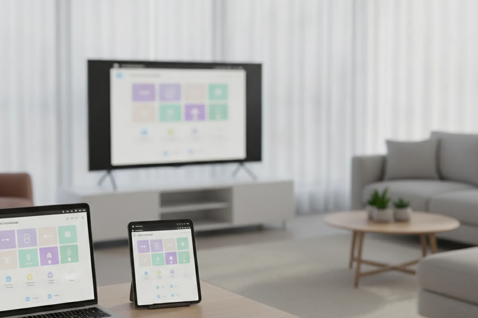 Same cross-platform app interface running on a laptop, tablet and smart TV in a living room