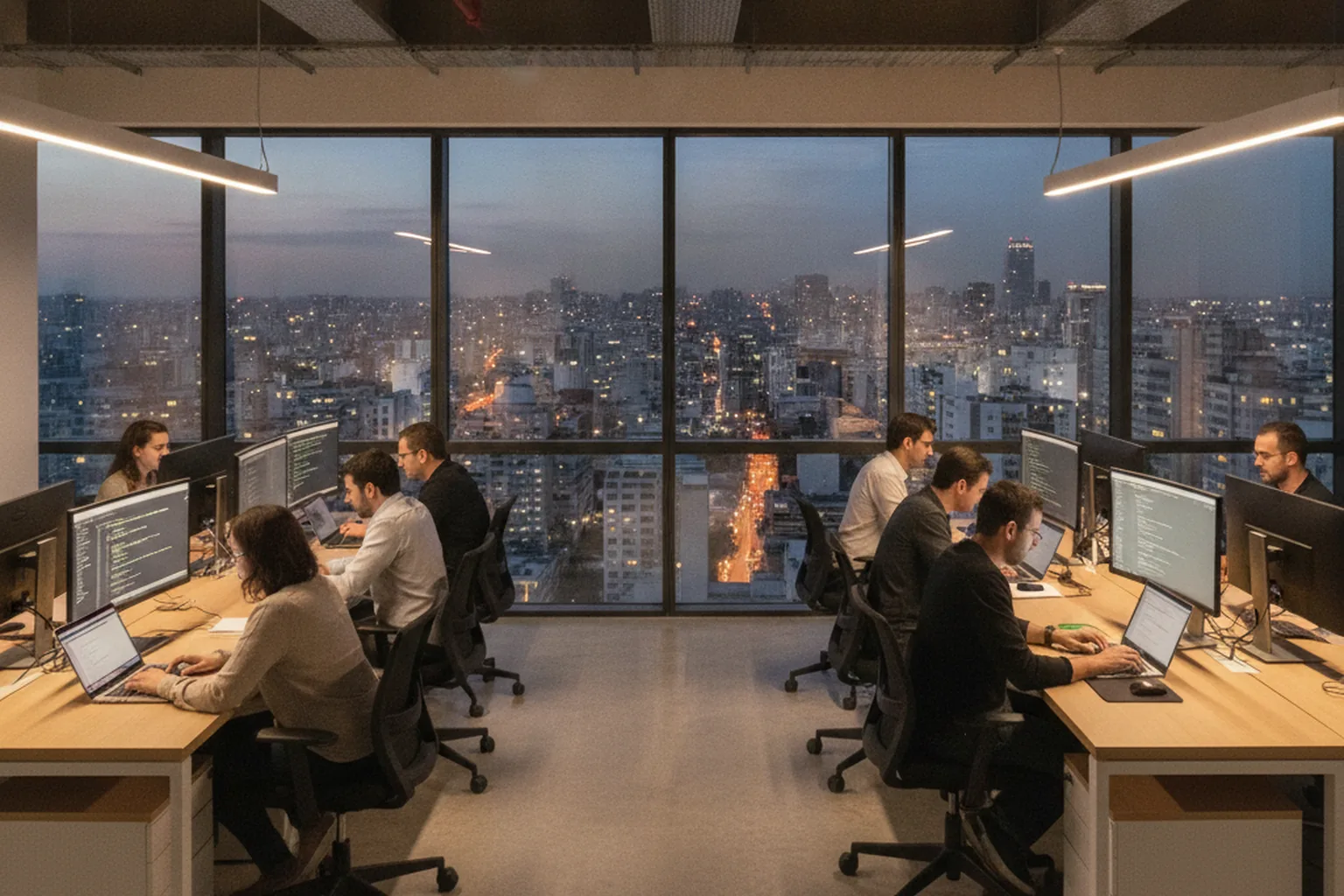 Team di sviluppo software in un ufficio di São Paulo al tramonto