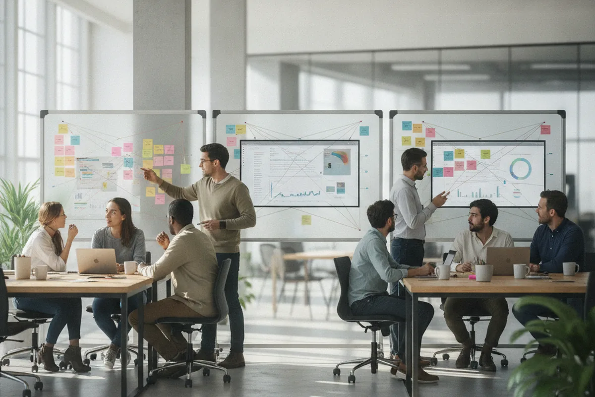 Multiple software development teams coordinating a scaled agile program board