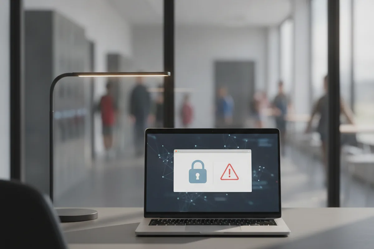 A laptop showing a security warning on a desk in a school office hallway — the kind of vendor data breach that triggers FERPA and COPPA enforcement