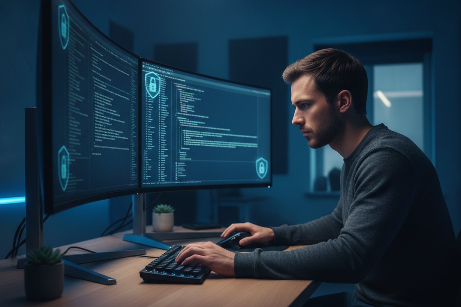 A software engineer reviewing secure code on dual monitors with padlock and shield overlays, representing the secure software development life cycle