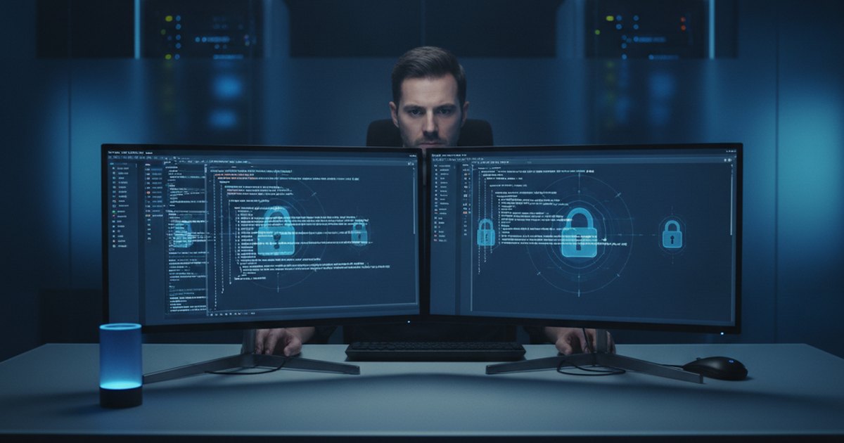 A software engineer reviewing secure code on dual monitors with padlock and shield overlays, representing the NIST Secure Software Development Framework