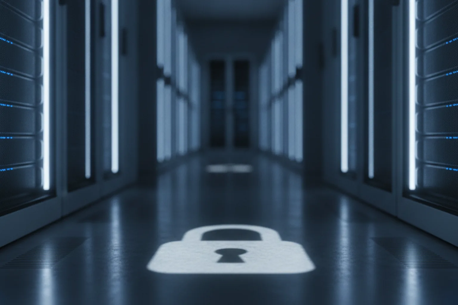 Secure data center corridor with server racks and a padlock light projection on the floor