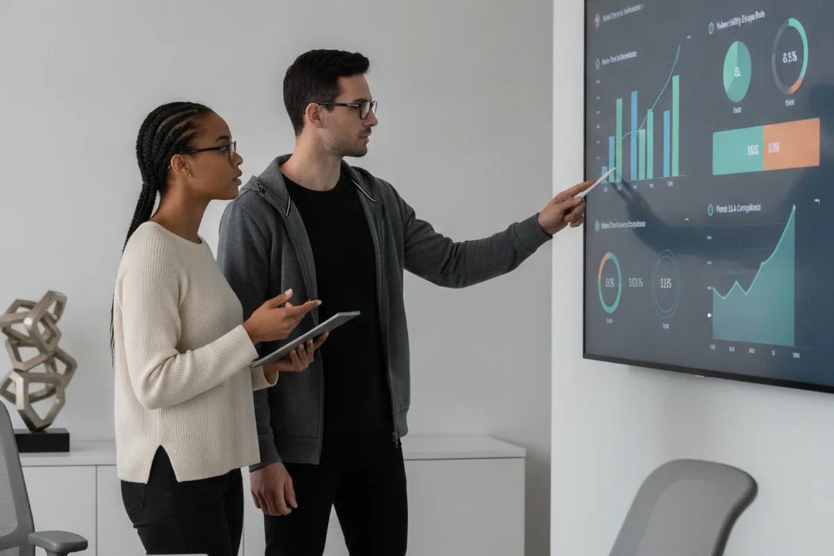 Two engineers reviewing a security KPI dashboard showing mean time to remediate, vulnerability escape rate and patch SLA compliance for a secure SDLC