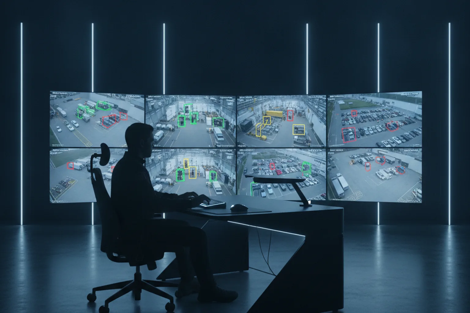 Operatore che monitora una videowall di telecamere con riquadri di rilevamento