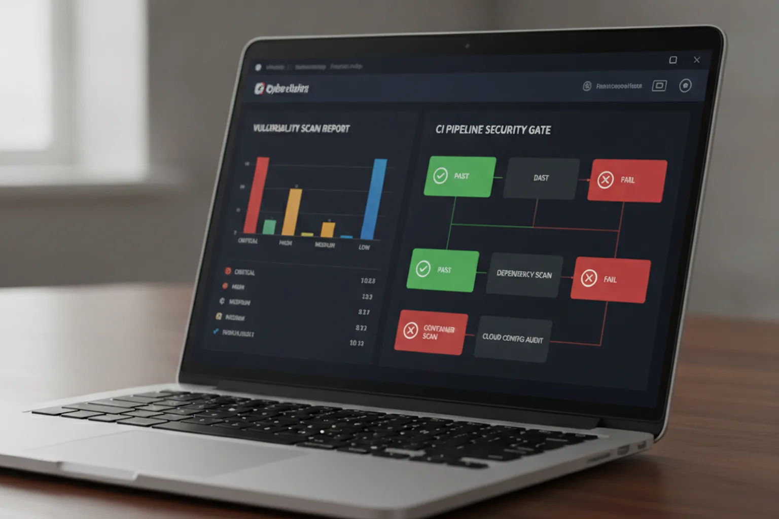 Security dashboard on a laptop screen showing a vulnerability scan report and a CI pipeline security gate with pass and fail checks