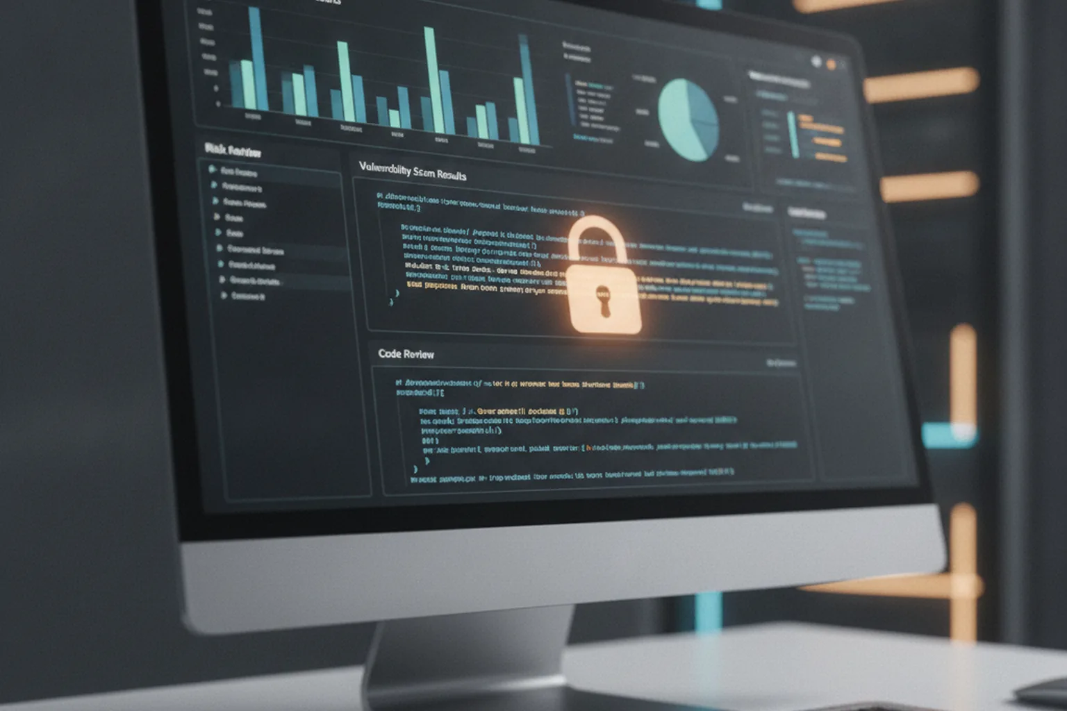 A monitor showing a vulnerability scan dashboard with risk charts, a code review panel and a padlock icon over the results