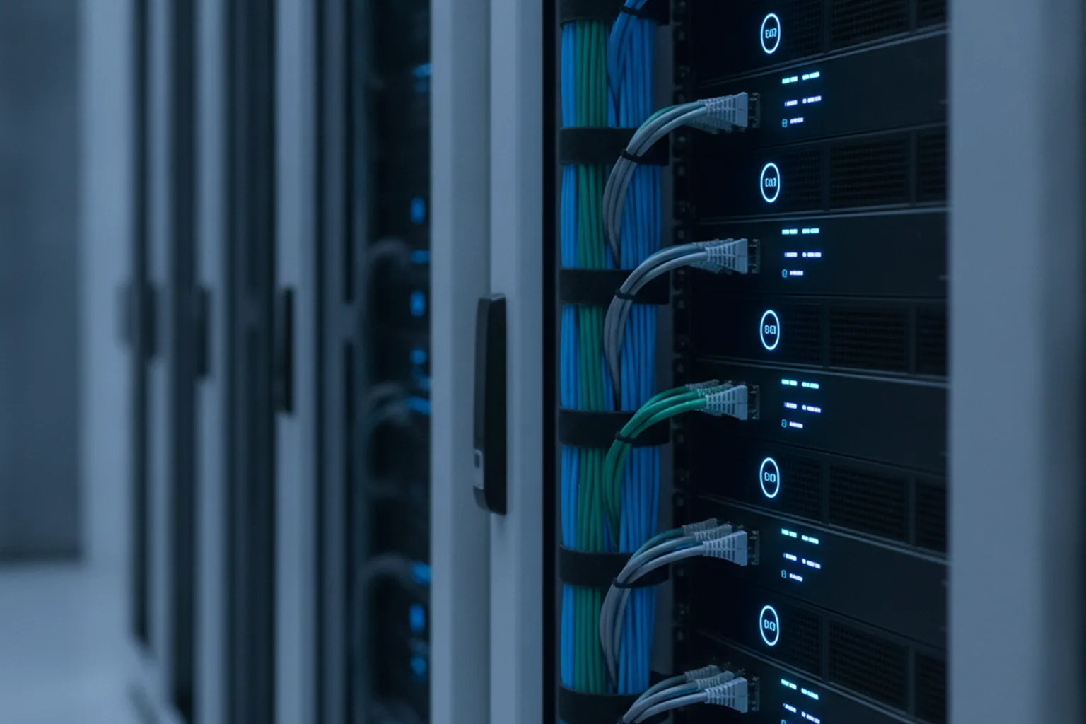 Serverrack in einem Rechenzentrum mit blauen Statusleuchten und sauber verlegten Netzwerkkabeln