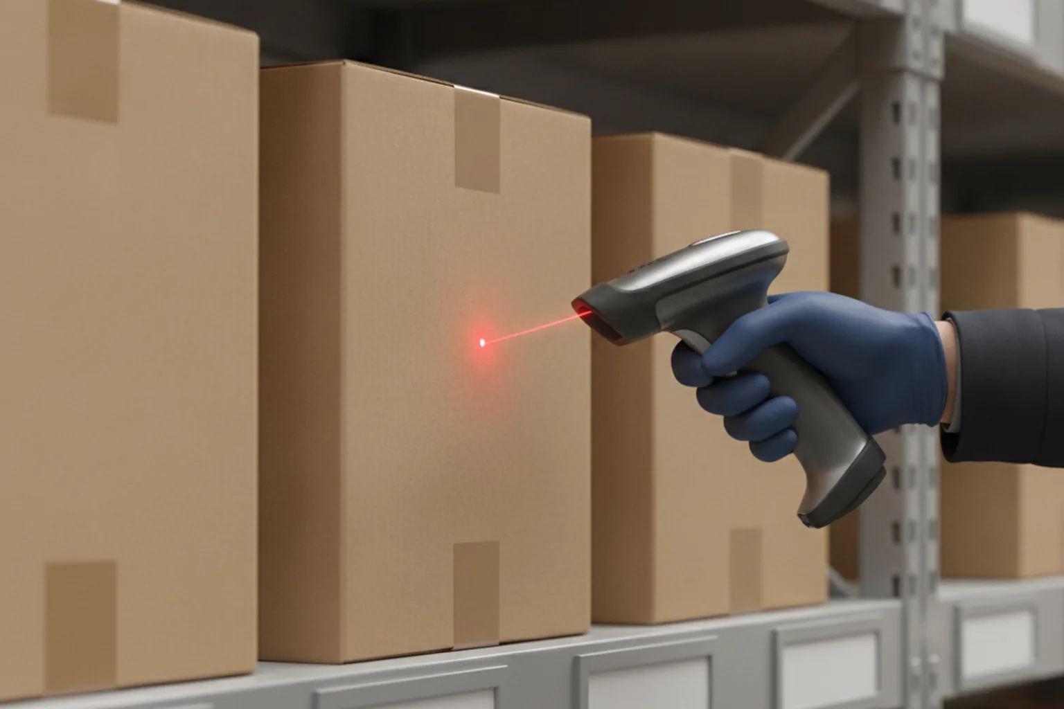 Handheld barcode scanner reading a box on a warehouse shelf during receiving