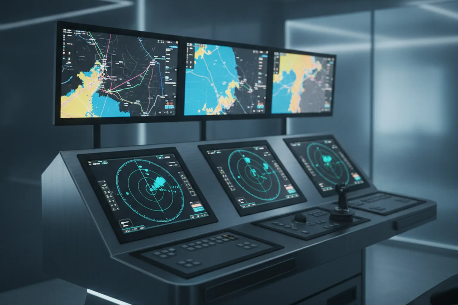 Ship bridge navigation console with radar and chart displays